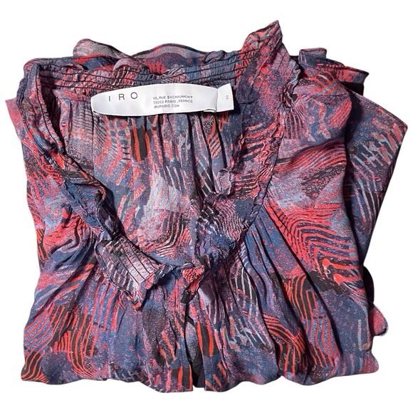 IRO Dress Size 40 (US 8) Abstract Print Red Blue Long Sleeve Ruffle Hem EUC - Picture 16 of 16